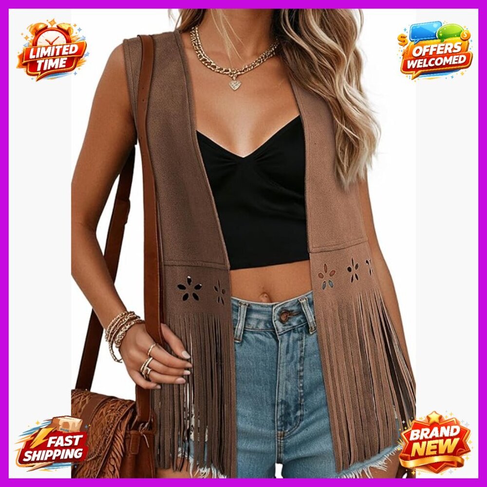Faux Suede Fringe Vest Sleeveless Western Bohemian Outerwear XXL